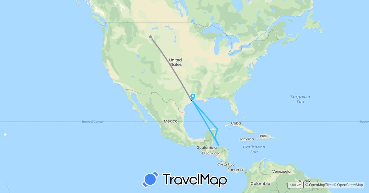TravelMap itinerary: driving, plane, boat in Honduras, Mexico, United States (North America)
